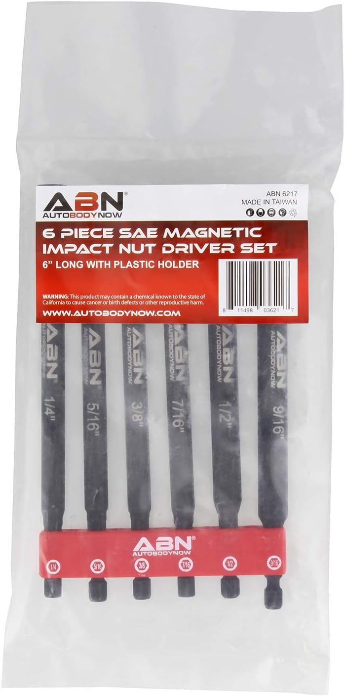 ABN Impact Nut Driver Tool Set - 6pc SAE 6 IN Long Shank Nut Driver Bits Magnetic Tip Sockets, 1/4 IN Hex Shank: Automotive