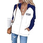 Dressmine Womens Zip Up Hoodie Oversized Usa Sweatshirt Pattern Long Sleeve American Flag Jacket Casual Patriotic Hoodies