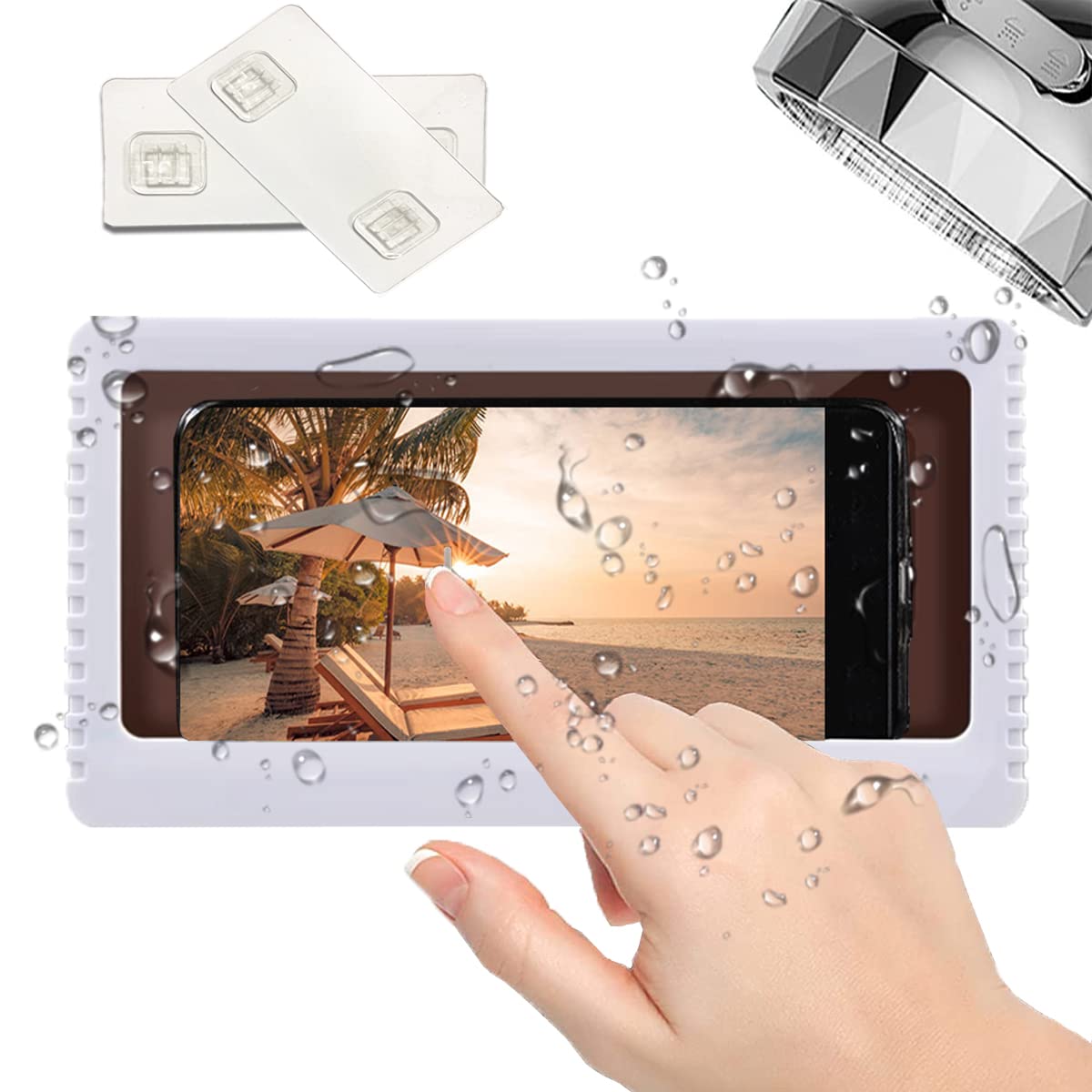 QeeHeng Shower Phone Holder for Bathroom & Kitchen - Waterproof Touch Screen Wall Mounted Case with Sealing Storage Box for iPhone/Samsung Protection (White)