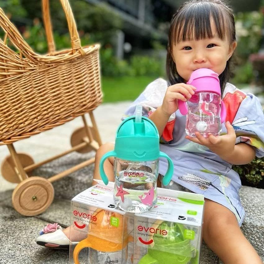 Evorie Tritan Weighted Straw Sippy Cup with Handles for Baby and Toddlers, Spill Proof Baby Water Bottle with Straw for 6 months and up, 7 Oz, Infant Training Water Bottle (Apricot)