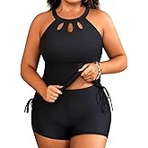 Aqua Eve Women Two Piece Plus Size Swimsuit High Neck Tankini Set Tummy Control Bathing Suit with Shorts