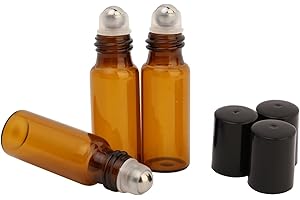 Wresty 25 Pcs Essential Oil Glass Roller Bottles Mini Tiny Refillable Empty Aromatherapy Perfume Liquid Amber Glass Roll On Bottles Vials Metal Rollerball Bottles Jar (5ml)