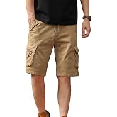 AbleTree Men's Cargo Shorts 7 Pockets Vintage Washed Cotton Stretch Twill | Ribbed elastic waist with zip fly, 10" knee-length utility short Pants for everyday wear, hiking, and travel.
