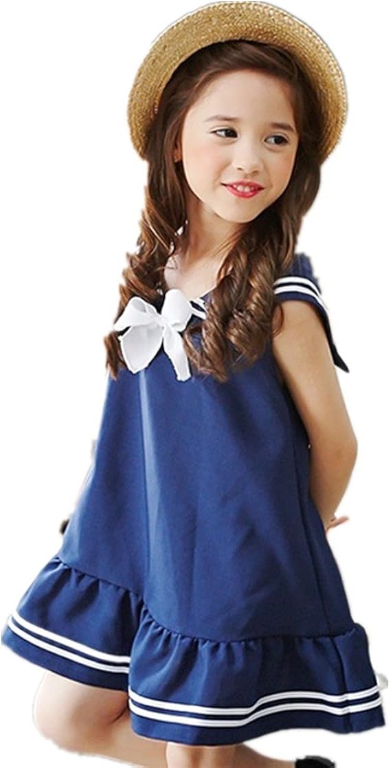 Amazon Vmasterstroke 子供ワンピ 子供服 女の子 爽やか ワンピース 海軍 服 ジュニア 制服 キッズ ワンピ セーラー服 マリン ノースリーブ 襟リボン付き カジュアル 学院風 夏 ワンピース チュニック 通販