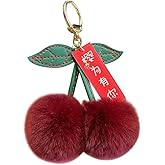 Zcargel Fluffy Plush Cherry Keychain - Cute Backpack Charm, Fashion Elegance Decoration With Pompom Fruit Keyring and Leaf