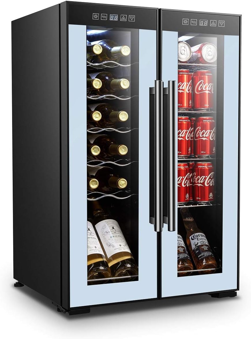 High Life 12 Bottle Wine & 39 Cans Beverage Refrigerator for Home Bar or Undercounter Storage, French Doors, Dual Zones, Store Ice Cold Soda, Beer, Water or Drinks, LED Light with Clear Glass Door, Chrome Finish, Staniless Steel Handles