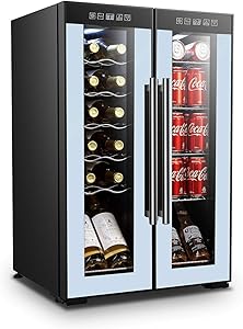 High Life 12 Bottle Wine & 39 Cans Beverage Refrigerator for Home Bar or Undercounter Storage, French Doors, Dual Zones, Store Ice Cold Soda, Beer, Water or Drinks, LED Light with Clear Glass Door, Chrome Finish, Staniless Steel Handles