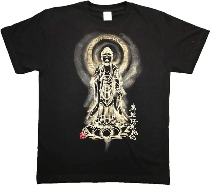 Amazon 阿弥陀如来 立像 Tシャツ 白黒 半袖 和柄 仏画 日本画 手描き 墨絵 伯舟庵 Tシャツ カットソー 通販