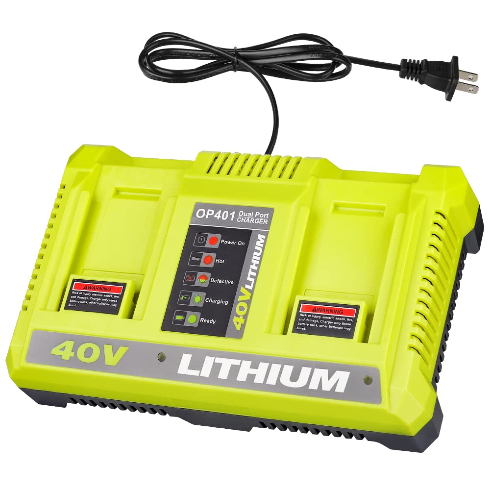 Photo 1 of 40V Battery Charger for Ryobi 40V Lithium Batteries, Dual Port Replacement for OP401 Charger, Rapid Charging Station Compatible with OP4040 OP4050 OP4060, Charges Two Batteries for Mower & Blower