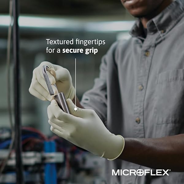 ANSELL MICROFLEX DIAMOND GRIP MF-300 DISPOSABLE LATEX GLOVES FOR AUTOMOTIVE, HEALTHCARE, MACHINERY INDUSTRIES – MED, NATURAL (BOX OF 100)