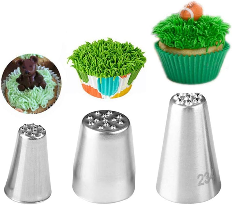 Cake Decorating Tips, 3 Pcs Set Grass Nozzles Stainless Steel Icing Piping Nozzles for Cake Decorating Pastry Fondant Tools (Grass)