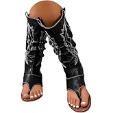 Women's Casual Flat Slide Sandals Wedge Heel Mid Calf Boots Round Toe Cowboy Wedge Heel Leather Sandals Women Size 12