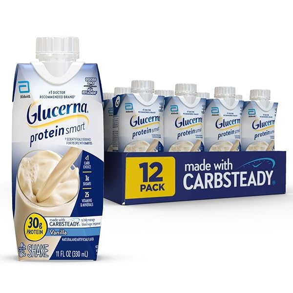 GLUCERNA PROTEIN SMART DIABETES CARE SHAKE, VANILLA, DIABETIC MEAL REPLACEMENT TO SUPPORT BLOOD SUGAR MANAGEMENT, 30G PROTEIN, 150 CALORIES, READY TO DRINK, 11-FL-OZ BOTTLE, 12 PACK