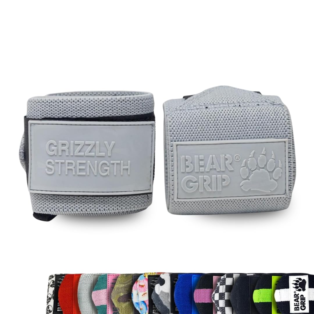 BEAR GRIP - Premium Heavy Duty Weight Lifting Wrist Wraps, Bodybuilding, Crossfit, Powerlifting, StrongMan (Grey/Grey, 24 Inches)