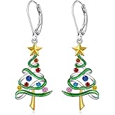 Women’s Christmas Earrings Christmas Tree Earrings S925 Sterling Silver Dangle Drop Leverback Holiday X Mas Jewelry