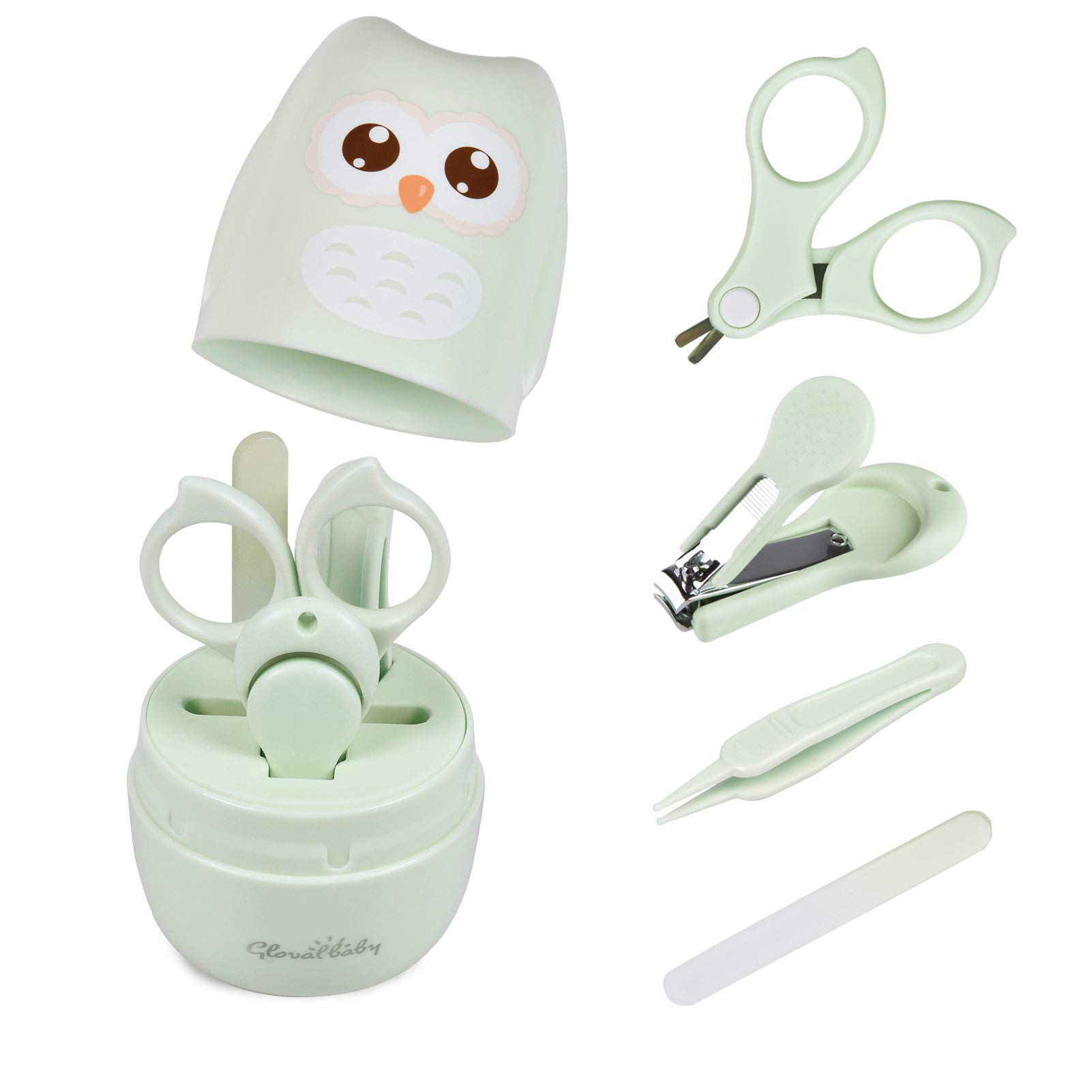 Baby Nail Kit, Baby Manicure Kit and Pedicure with Cute Owl Shape Case. Baby Nail Clipper, Scissor, Nail File & Tweezer for Newborn, Infant & Toddler, Mothers Day Gifts(Green)