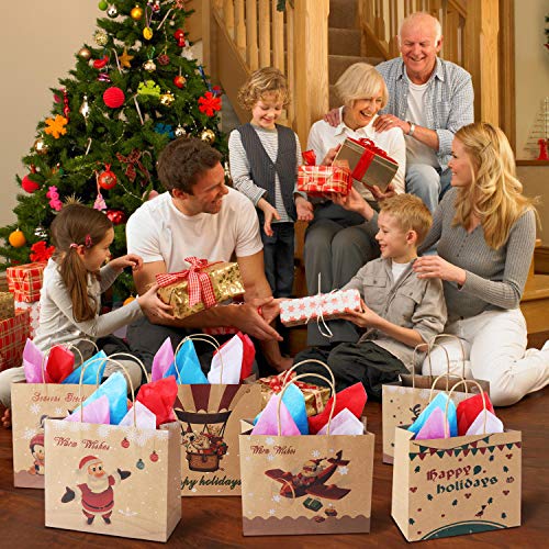 Christmas Gift Bags Bulk Set - 24 Count Kraft Gift Bags with Assorted Christmas Prints, Christmas Goody Bags with Handles for Xmas Gift Wrapping, Classrooms & Party
