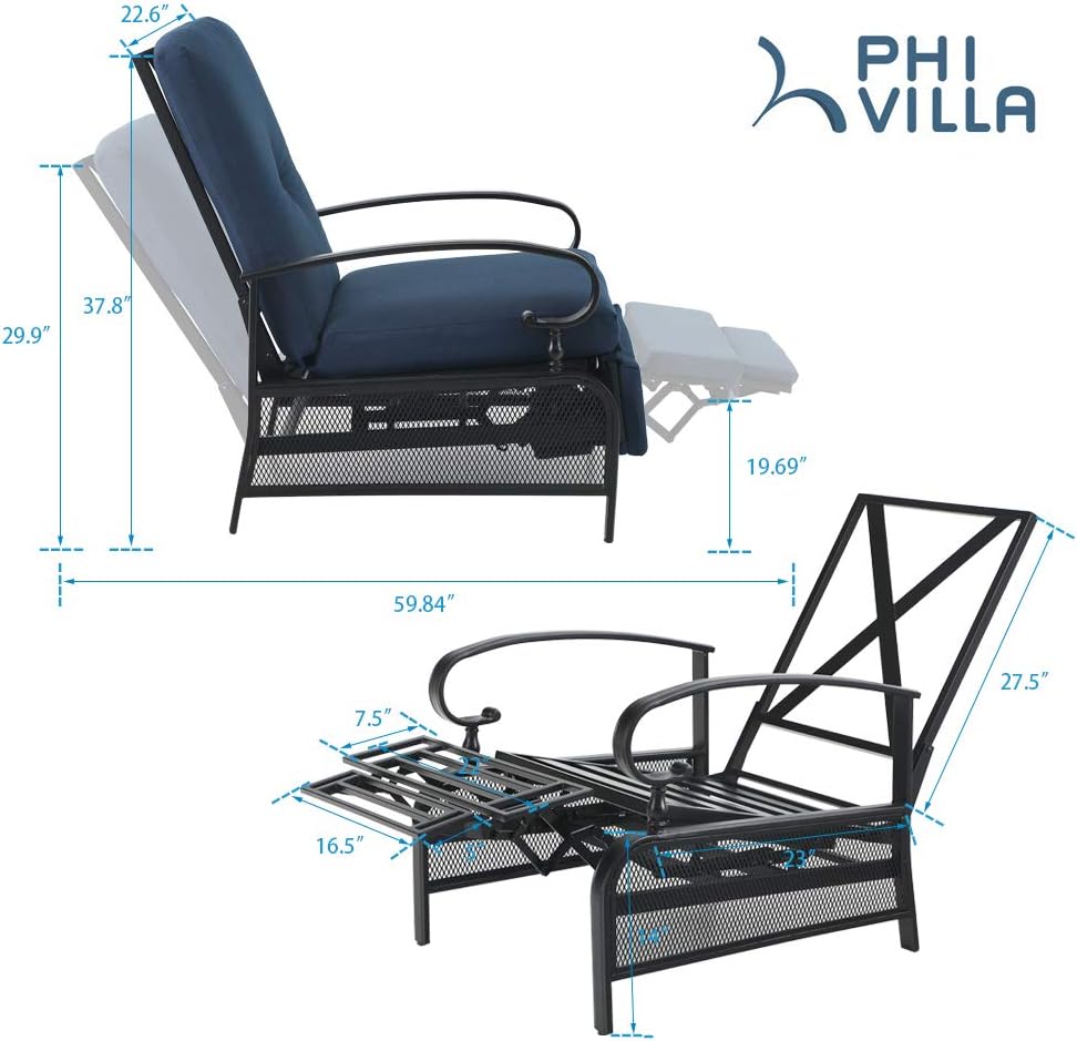 PHI VILLA Patio Adjustable Lounge Chairs Outdoor Metal Relaxing Recliner Sofa Chair with 5" Removable Cushions, Blue: Kitchen & Dining