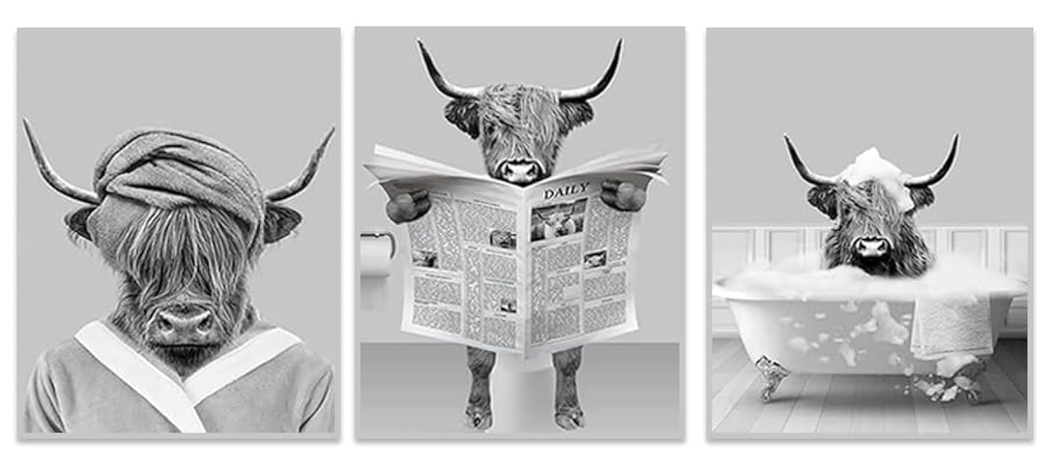 QPLGTU Bathroom Home Background Wall Decoration Poster, Black and White Highland Livestock Animal Decoration Photos Wallpaper, Funny Animal Print Poster, Frameless (Highland Cattle 6, 40 x 60 cm x 3)