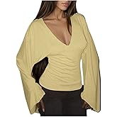 SHENHE Women's Deep V Neck Bell Long Sleeve Shirt Fall Dressy Going Out Fitted Tee Top