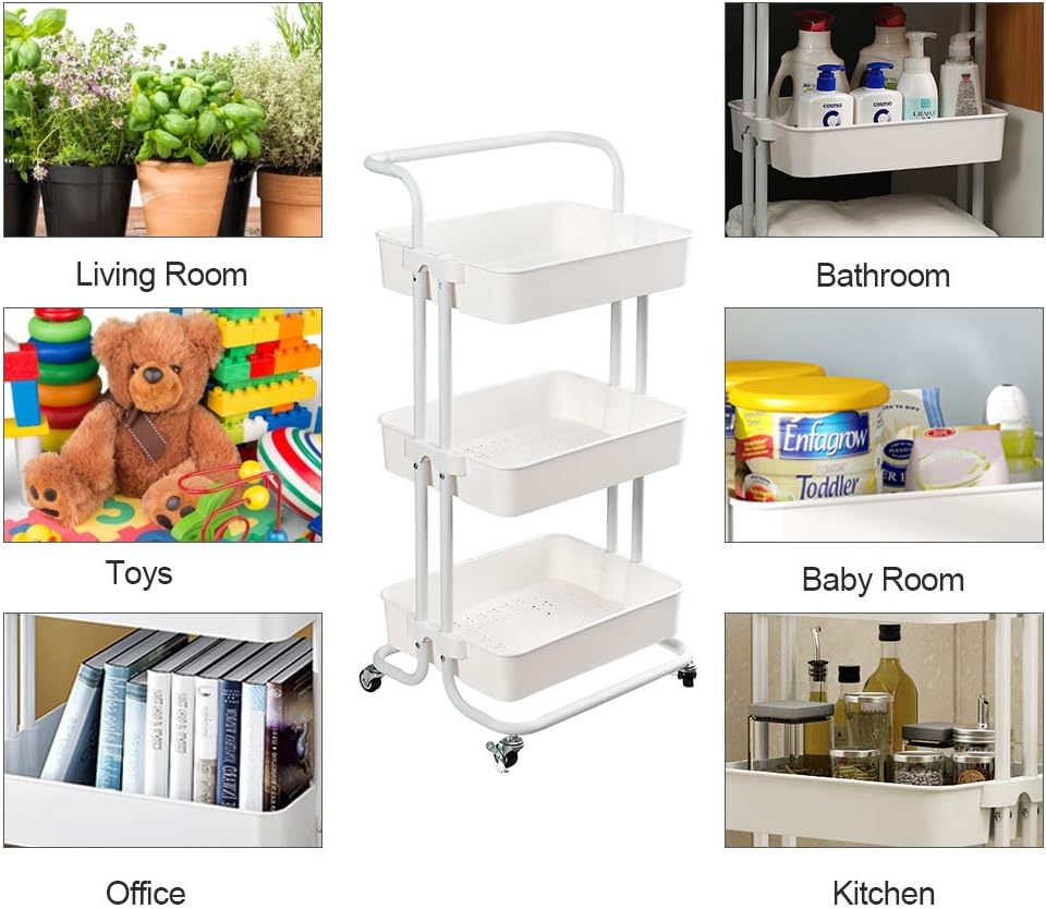 Coideal 3 Tier Rolling Utility Cart Trolley Storage Shelves Multifunction Service Cart with Mesh Basket Handle and Lockable Wheels for Bathroom Kitchen Office (White) : Office Products