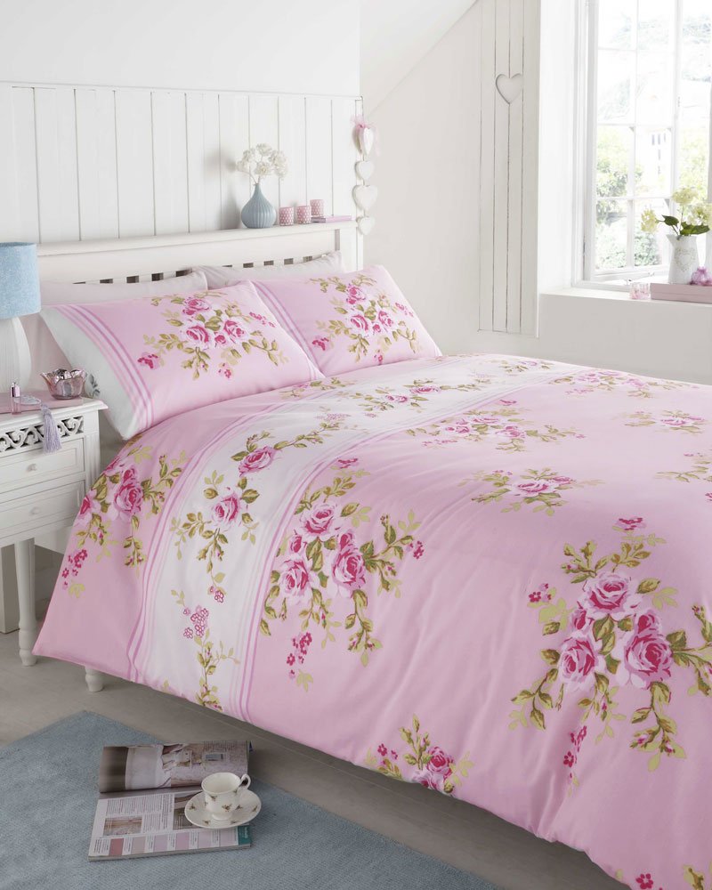 100 COTTON FLANNELETTE PINK & WHITE ROSE DOUBLE SIZE DUVET COVER BED