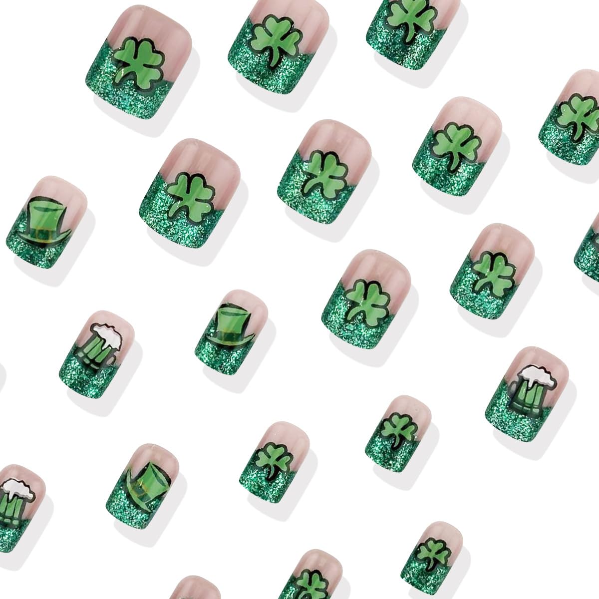 24Pcs St. Patrick's Day Press on Nails Short Fake Nails Lucky Shamrock Stick on Nails Green French Tip False Nails Coffin Shape Glue on Nails Irish Clover Acrylic Nails for Women Spring Holiday Nails - Image 6