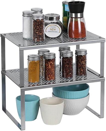 Liheya Kitchen Cabinet Pantry Organiser Shelf Expandable Stackable Counter Shelf Work Surface For Spices Cups Tableware Silver Amazon De Kuche Haushalt