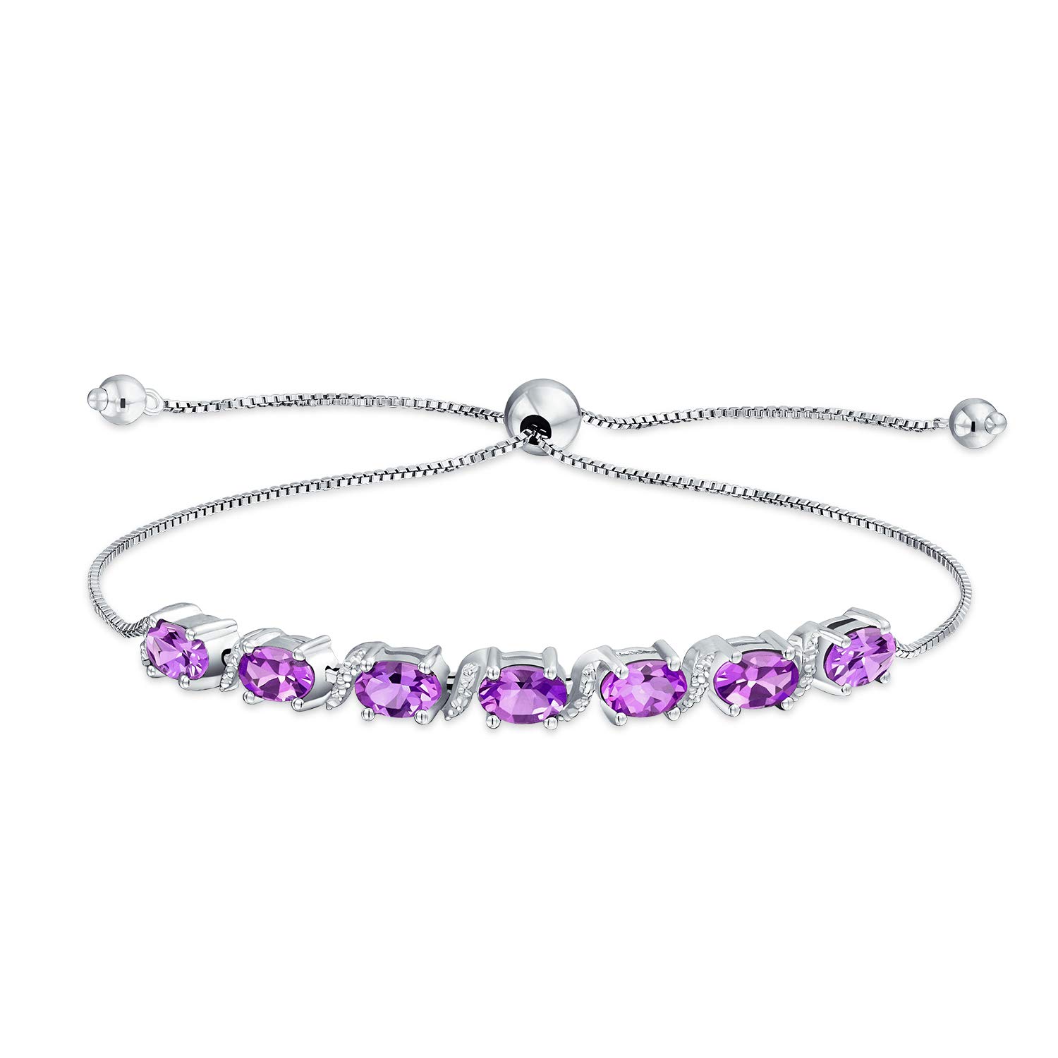 Bling Jewelry Natural Gemstones Zircon Accent Purple Amethyst Bolo Tennis Bracelet for Women Adjustable 7-8 Inch .925 Sterling Silver