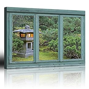 Vintage Teal Window Looking Out Into a Japanese Garden with a Lamp Post - Canvas Art Home Art - 24x36 inches
