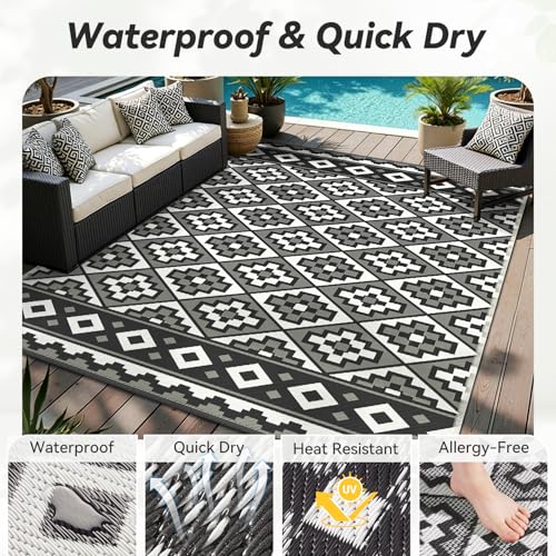 Outdoor Rug-Patio Rug 9X12 Outdoor Carpet Waterproof Reversible Outdoor Rugs Portable RV Mat Plastic Straw Mat for Patio Balcony RV Camping Backyard Picnic