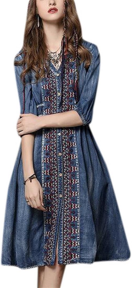 Lusiisss Women's Half Sleeve Demin Blue Button Down Midi Swing Tunic Party Cocktail Dress