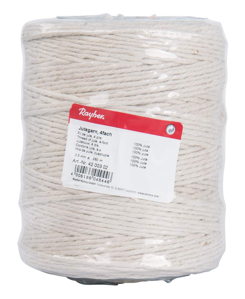 Rayher 4200302 Jute Twine 3Ply, Jute String for Craft, Floristry and Decorations, Diameter 3.5 mm, Length 280 m, ivory