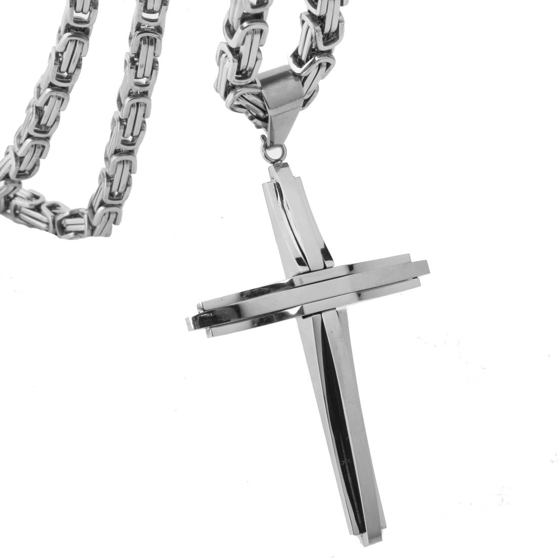 FANS JEWELRY Silver Stainless Steel Mens Cross Necklace Pendant for Boys Byzantine Chain Black 5mm 16-40 Inch