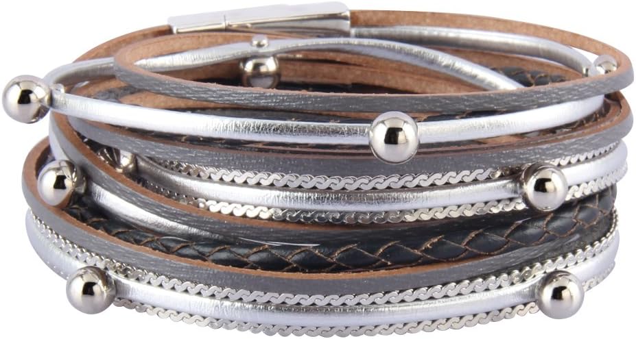 TASBERN Casual Women Leather Bracelet Crystal Metal Tube Wrap Cuff Bangle with Magnetic Clasp for Girls Gift ยกยญ