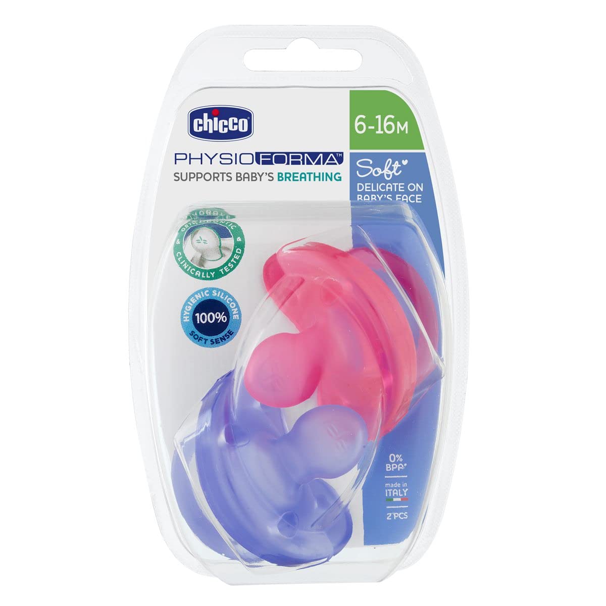 Chicco Soft ergonomic pacifier in silicone x 2, purple / pink, 6-16 months