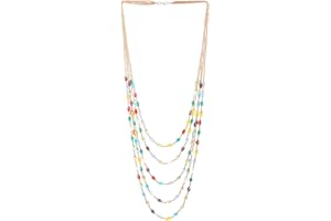 COOLSTEELANDBEYOND Oval Beads Statement Necklace Multi-Strand Long Chains with Crystal Charm Pendant