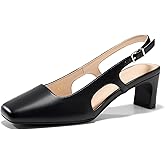 Coutgo Womens Slingback Chunky Low Heels Closed Square Toe Pumps Wedding Party Dress Shoes