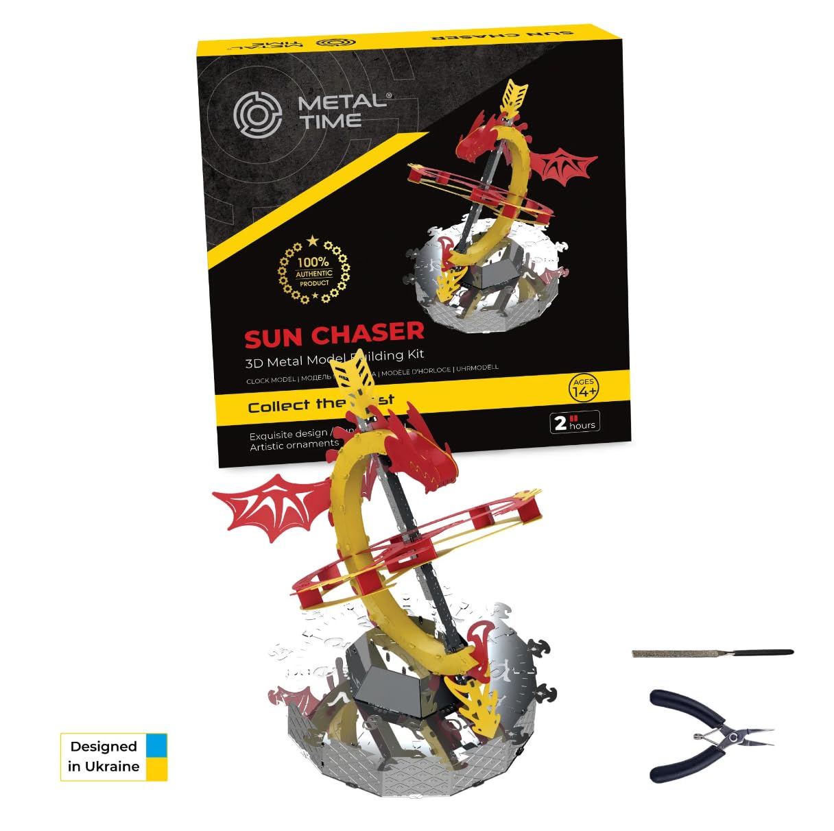 METAL TIME Sun Chaser Sundial Metal Model Kit, Red Dragon Metal Puzzle Sundial, 3D Metal Puzzle with Functional, and Exquisite Design, 57 Pieces.