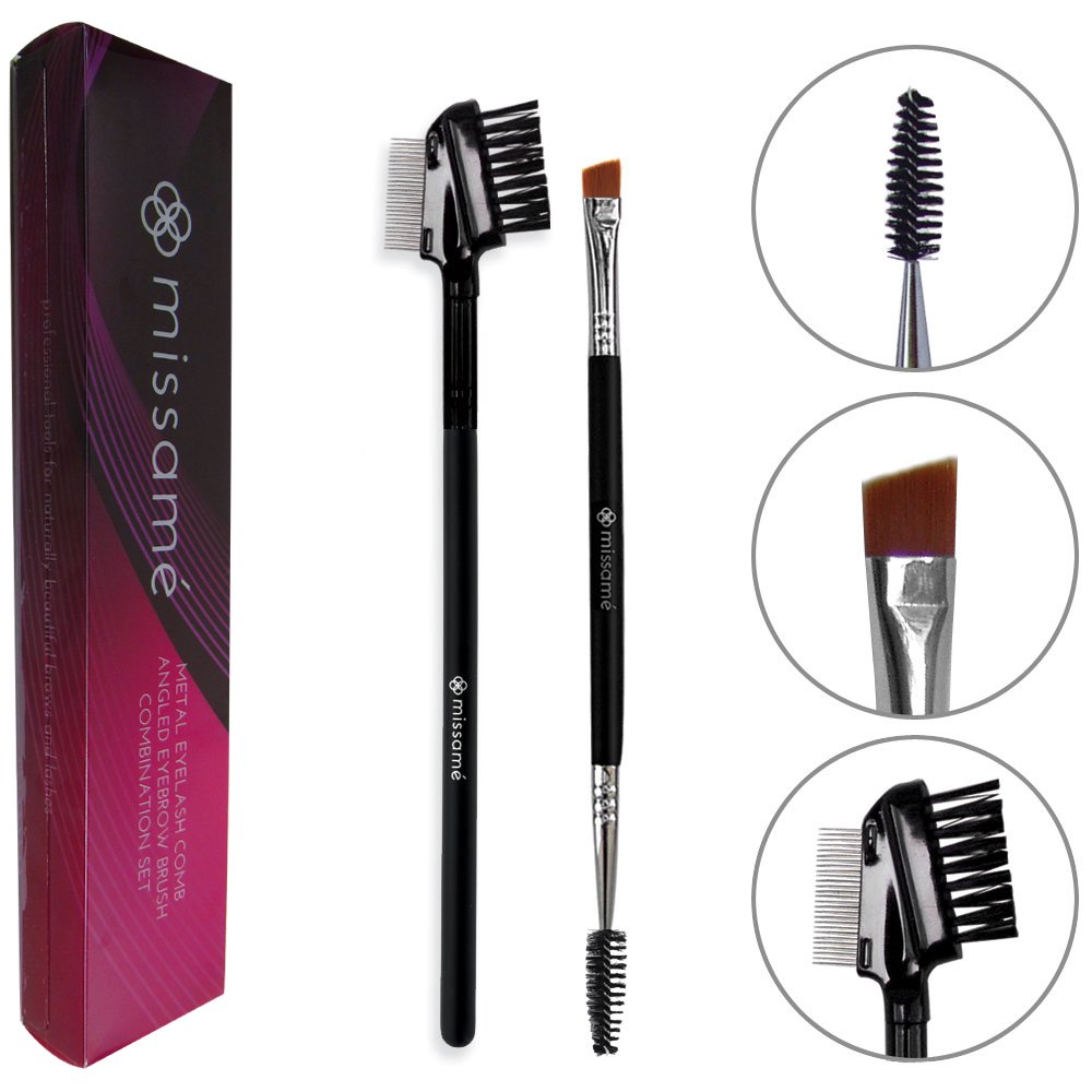 Metal Teeth Eyelash Comb and Duo End Angled Eyebrow Brush with Spoolie