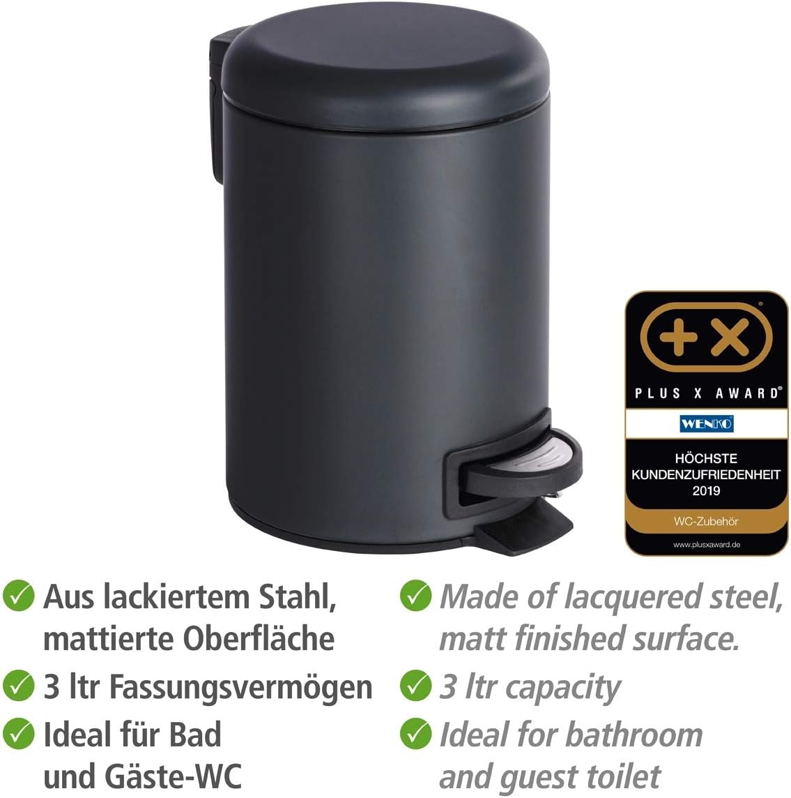WENKO 22143100 Pedal bin Leman Black Capacity: 3 l, Steel, 17 x 25 x 22.5 cm, Black, 22.5 x 17 x 25 cm - Image 4