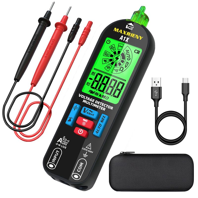 MAXRIENY Digital Multimeter Rechargeable Electrical Tester NCV with Audible and Visual Alarms Auto-Ranging Measures AC/DC Voltage Capacitance Resistance Continuity Capacitance Diode Live Check Tester