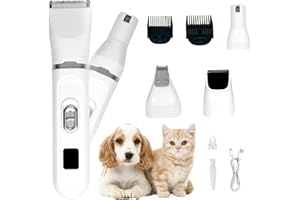 GREGCE Dog Hair Clippers Grooming Kit with Nail Grinder, 4 in 1 Cordless Quiet Cat Paw Trimmer Set, Rechargeable Low Noise USB Clear Power Display Pet Hair Trimmer, Nail Grinder Shaver for Dogs Cats