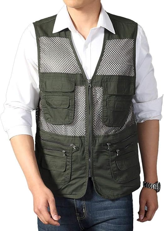 HaiDean Vest Multi Pocket Vest Mens Mesh Summer Modern Casual Vest D