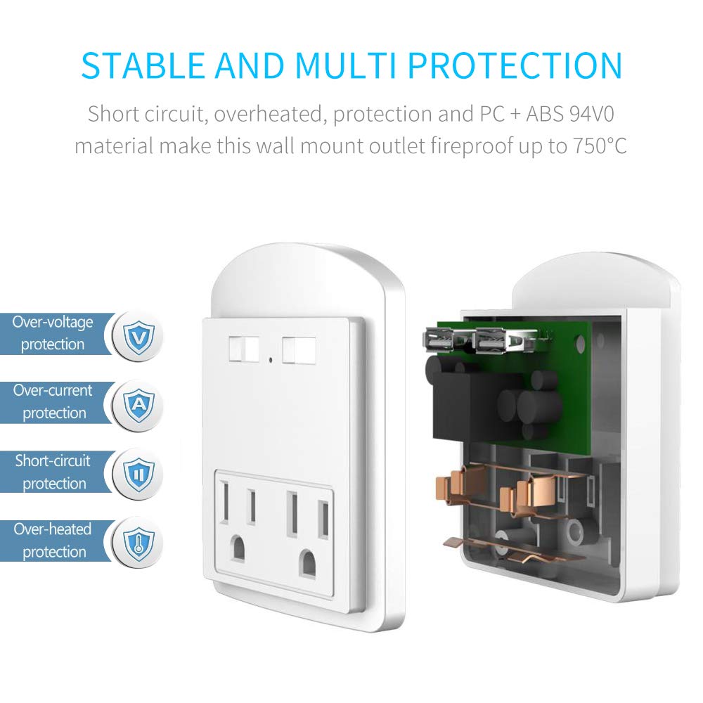 Multi Wall Outlet USB Wall Charger with Phone Holder Outlet Extender Surge Protector with Dual Outlets and Dual USB Ports (White)