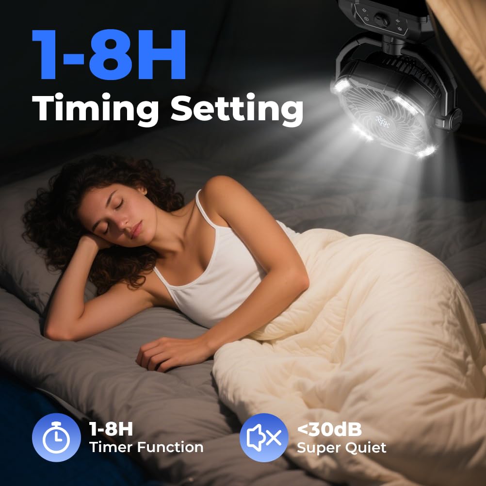 Rechargeable Camping Fan 30000mAh with RGB Lantern, 0-100 Wind Speeds Portable Battery Operated Oscillating with LED Display, 360° Airflow Tent Beach Cordless Travel Fans for Outdoor Home Office