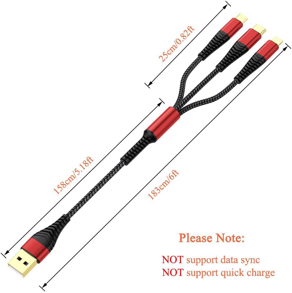 [Upgraded] Multi Charger Cable, 2Pack 6ft Nylon Braided Universal 3 in 1 Multiple Ports Devices USB Charging Cord with Gold-Plated iOS/Type C/Micro USB Connectors for Phones Tablets (Charging Only)