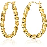 14K Gold Plated Oval Hoop Earrings for Women 925 Sterling Silver Post Twist Huggie Hoop Earrings Hypoallergenic Lightweight Hoop Earrings Jewelry Gifts