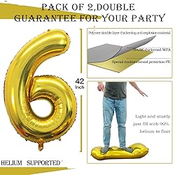 GOER 2 Pcs 42 Inch Gold Foil Balloons Number 6,Huge