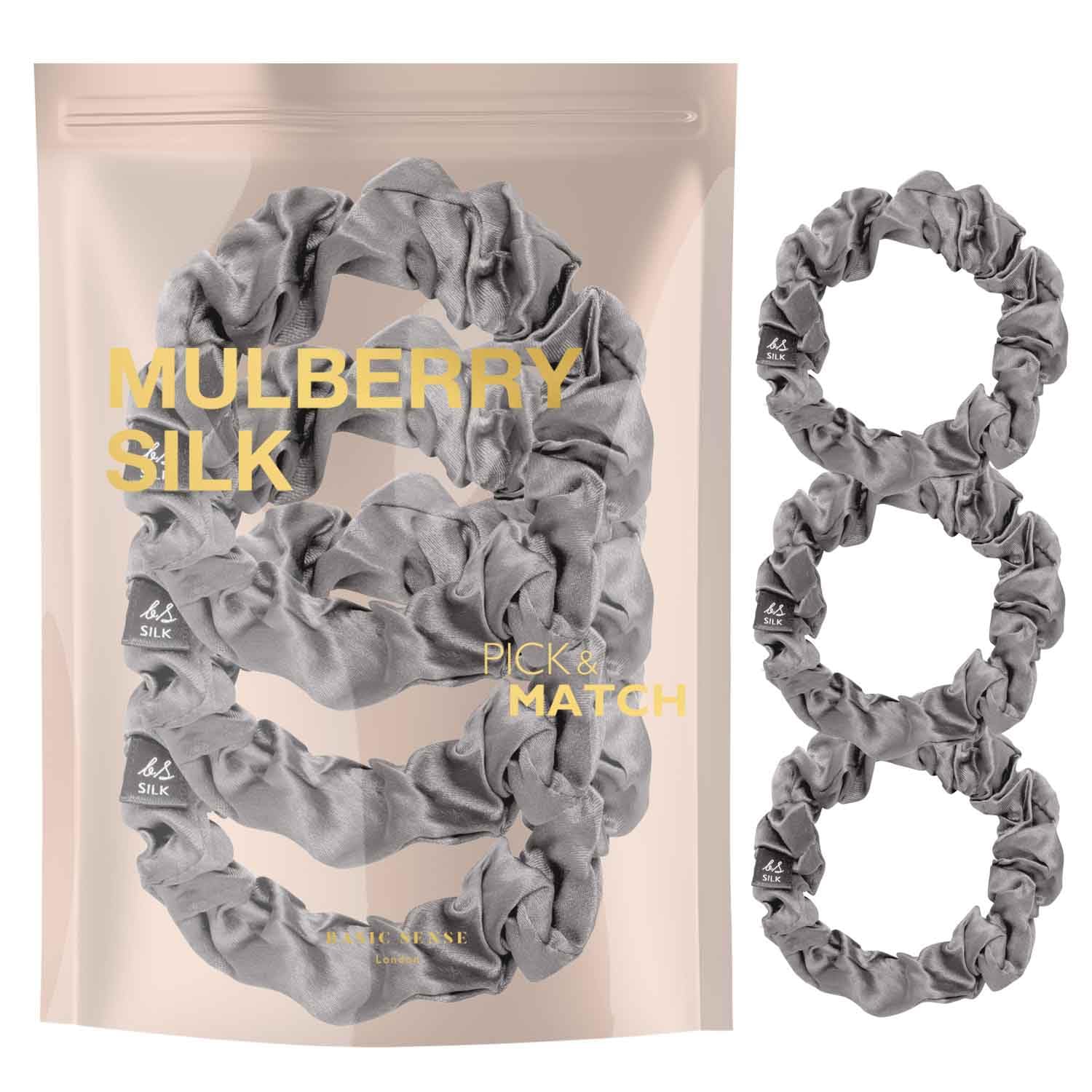 Basic Sense 3 PCS Pure Mulberry Silk Scrunchies for Women | Skinny Elastic Hair Ties | Gentle Hair Bands & Ponytail Holders, Silver